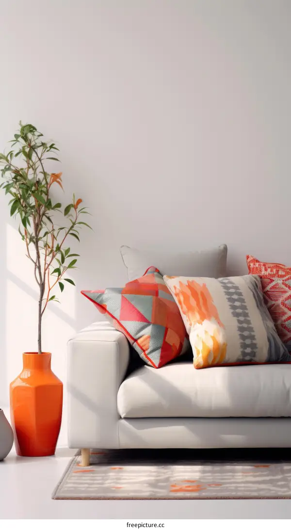 A sofa with a plant next to it