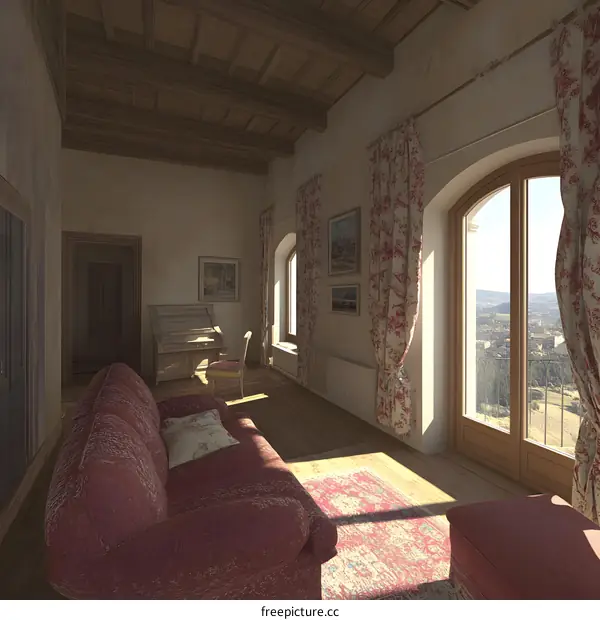 Vintage Interior Design with Wooden Beams and Red Floral Curtains