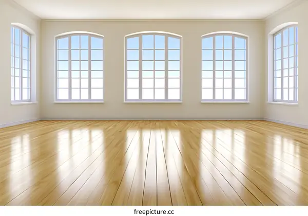 Empty Room With Three Windows And Wooden Floor