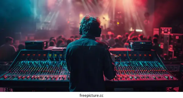 Sound engineer in front of a mixing console at a live concert