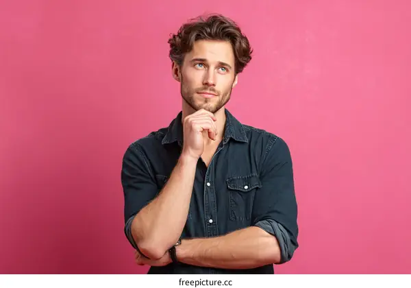 Thoughtful Caucasian Man Posing Against Pink Background