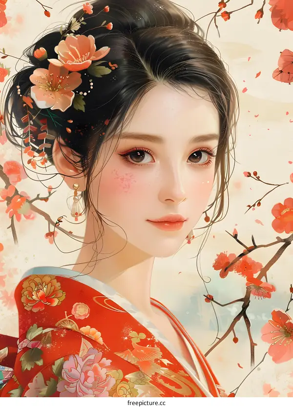 Portrait of a beautiful Asian woman in traditional Japanese kimono with pink flowers in her hair