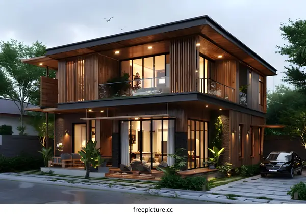 The beautiful and unique design of a modern house with wooden elements