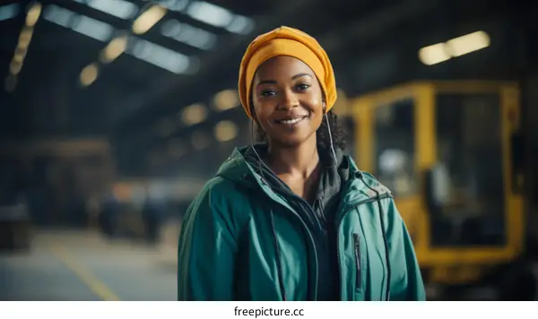 portrait of a smiling young woman wearing a yellow beanie and a green jacket in a warehouse