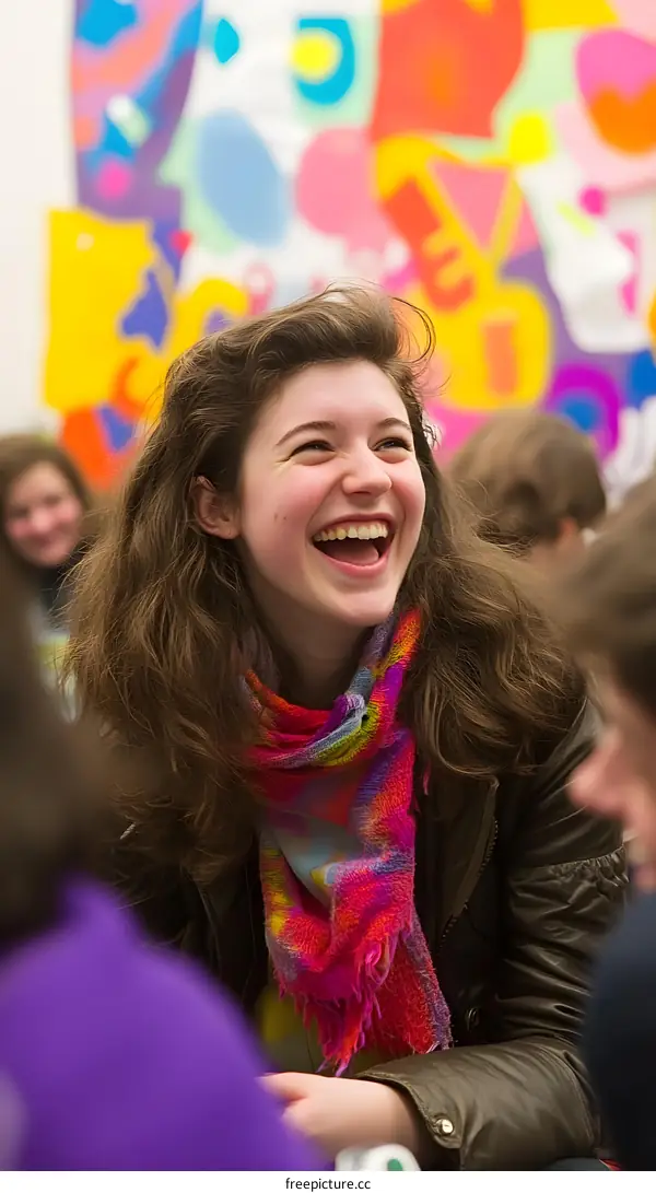 Woman Wearing a Colorful Scarf and Laughing in Front of Abstract Art