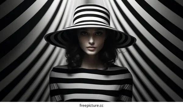 Black and white portrait of a woman wearing a striped hat and shirt