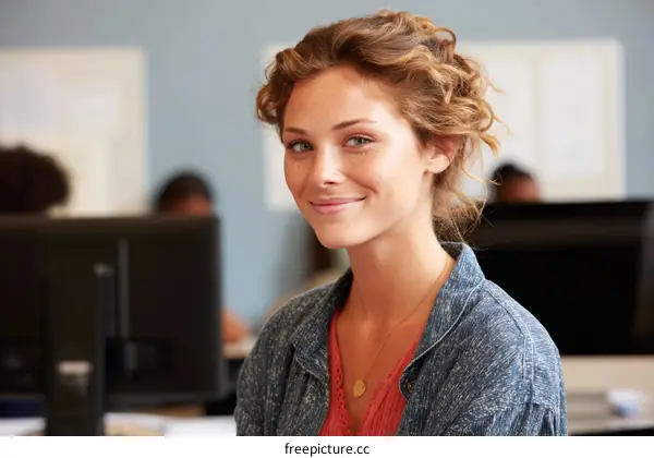 Young Woman Smiling in a Busy Office Environment