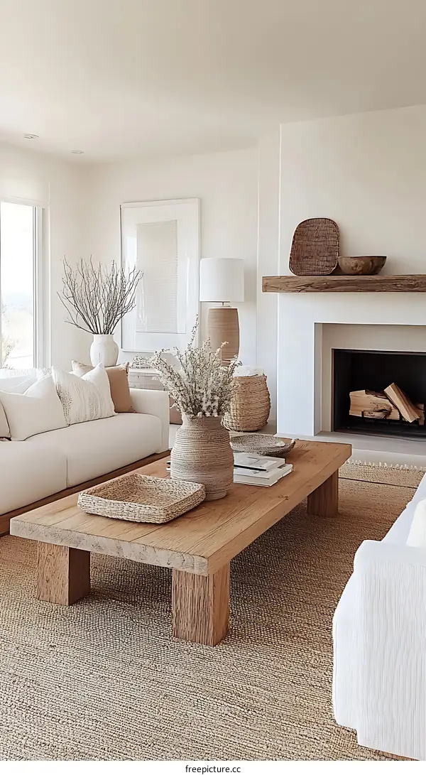 Modern Minimalist Living Room with Wooden Coffee Table