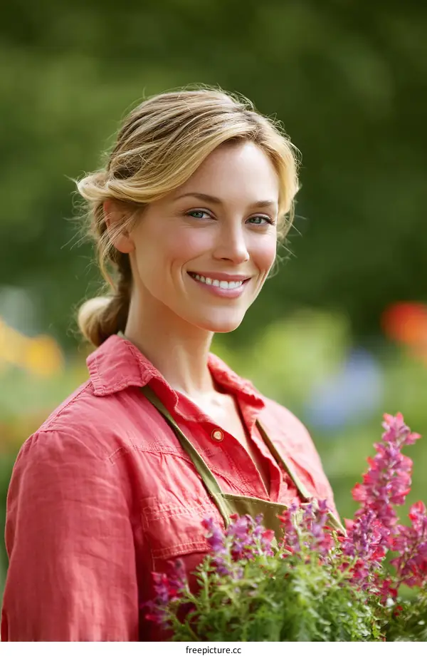 Woman Gardener Holding Flowers Outdoor Portrait