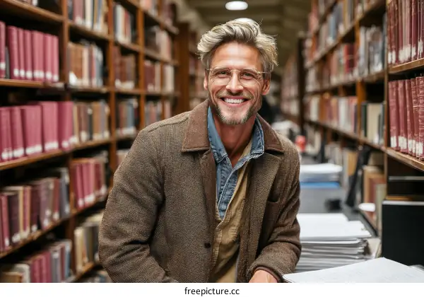 Smiling Man in a Library with Bookshelves