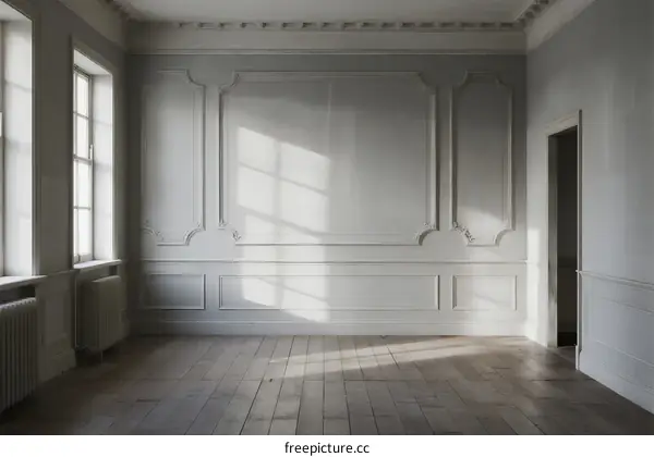 Empty room with white walls and wooden floor under sunlight