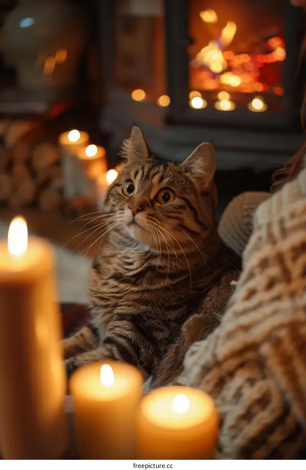 A cat is sitting in front of a fireplace with candles