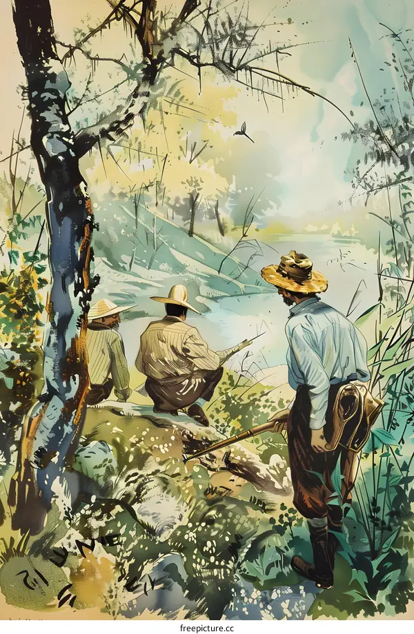 Three Men Fishing by the River in a Forest