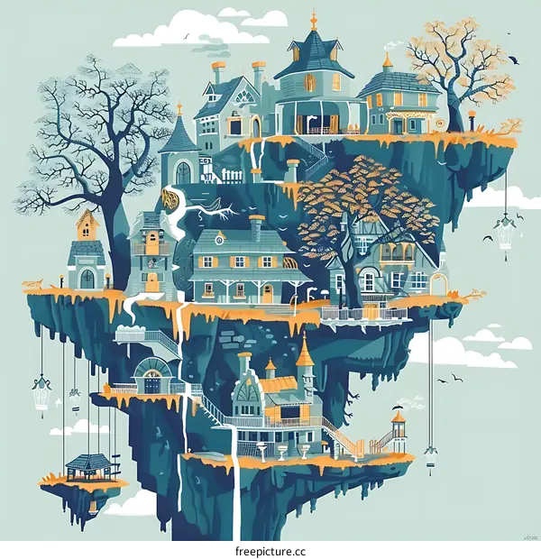 Floating Village with Houses and Trees