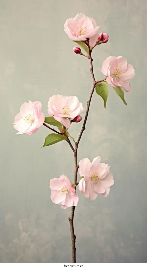A branch of delicate pink cherry blossoms against a pale blue background