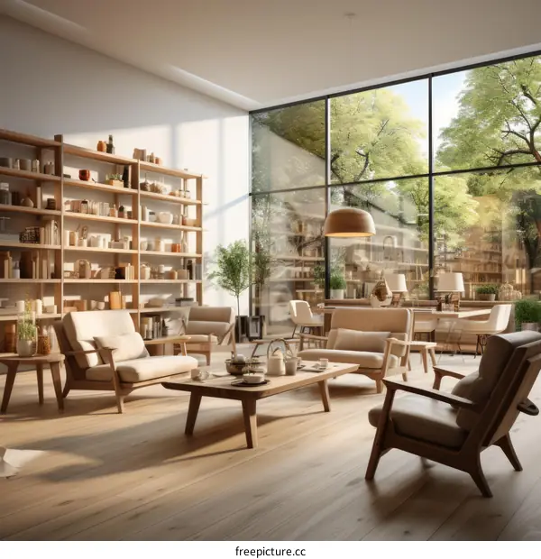 Minimalist Living Room with Large Window and Wooden Bookshelf