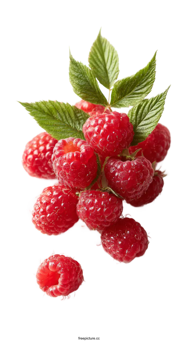 [Transparent Background PNG]Close up of fresh raspberries with leaves