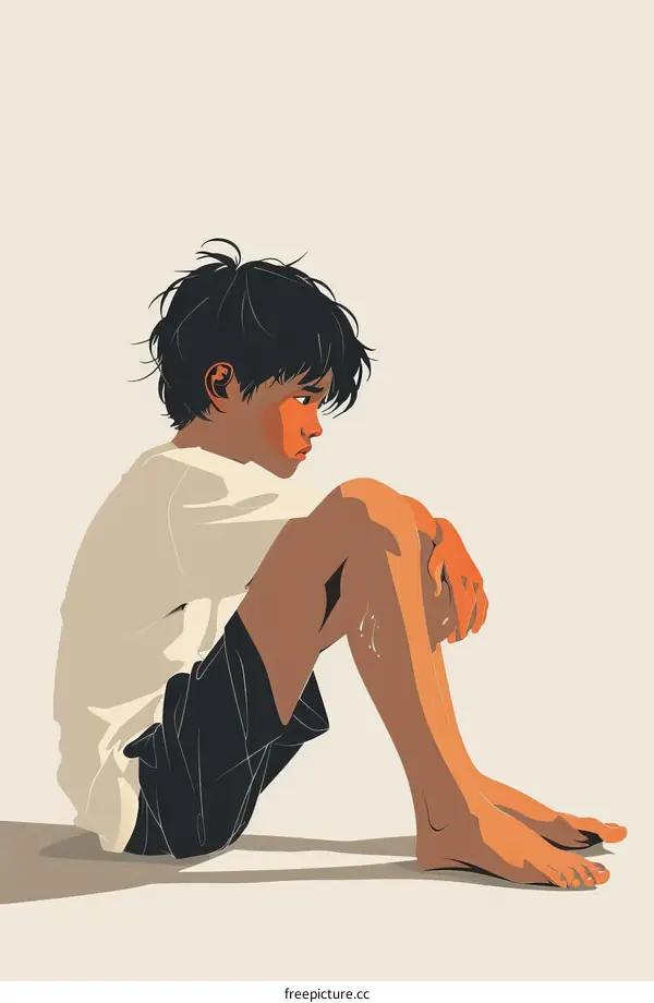 boy sitting on the ground with his knees drawn up to his chest