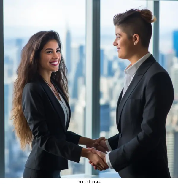 Two businesswomen shaking hands in an office