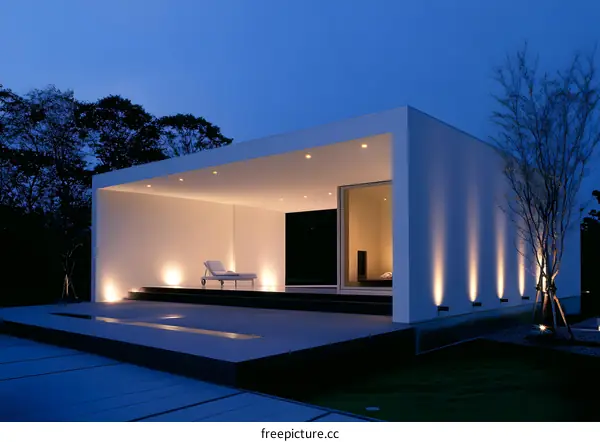 Modern Minimalist House With Outdoor Patio And Lighting At Night