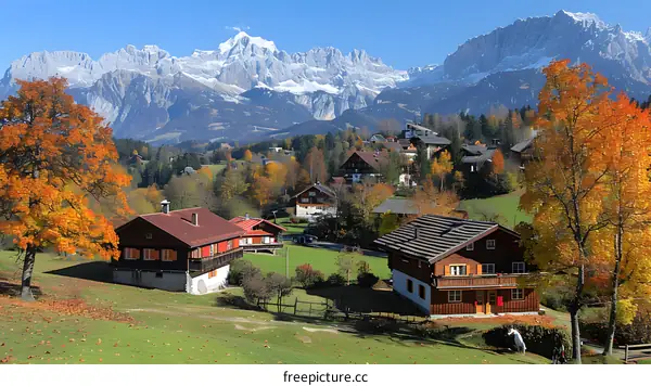 houses chalets mountains autumn trees landscape
