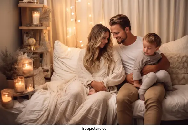 Family of three sitting on a couch and smiling