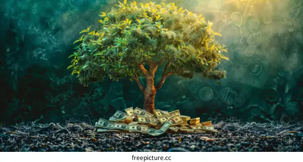 Surreal Painting of a Money Tree with Stacks of Money