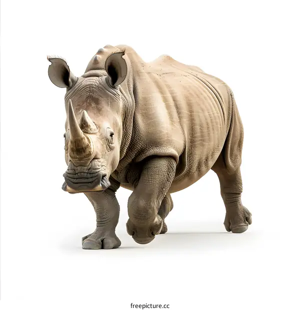 A large rhinoceros is walking towards the camera