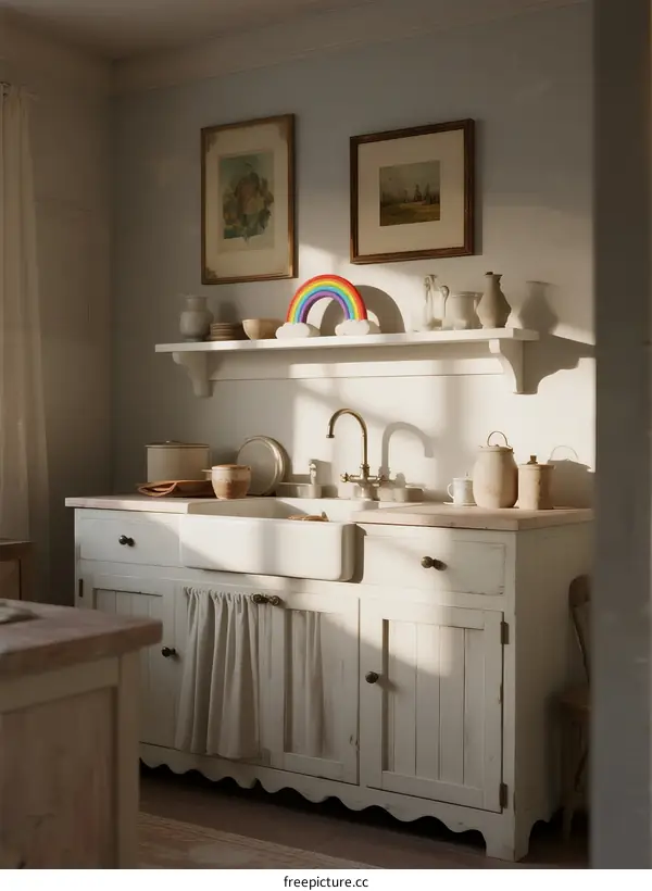 Sunlit kitchen with white cabinetry and rainbow decor