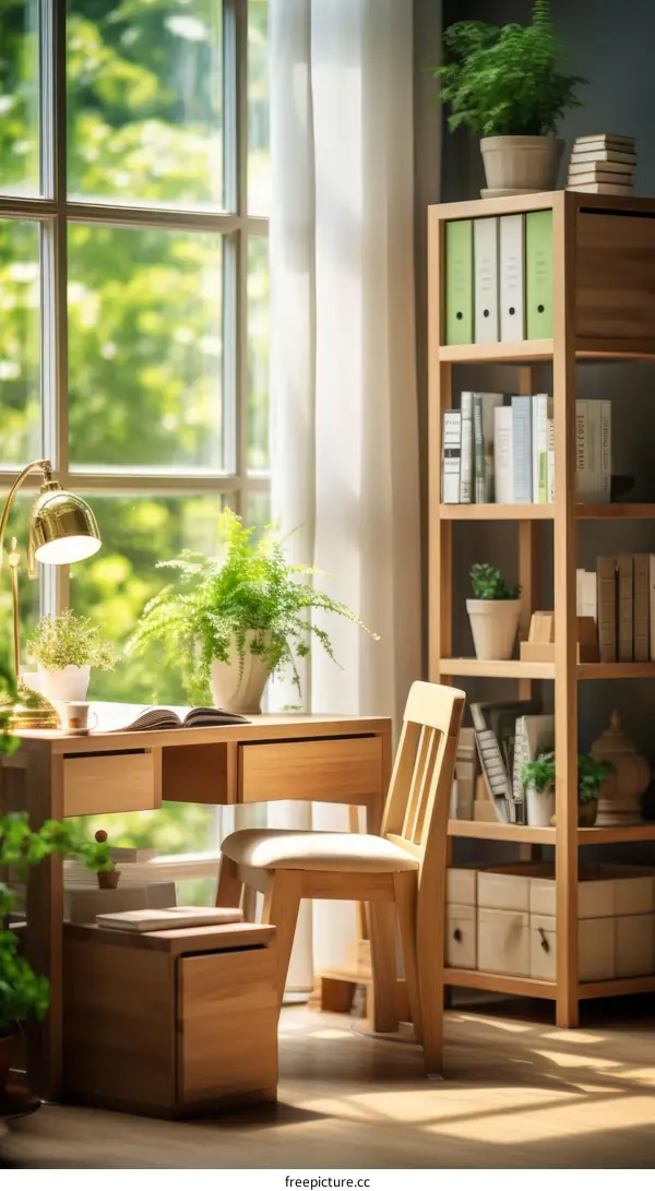 Minimalist Scandinavian Workspace with Desk and Chair by Window
