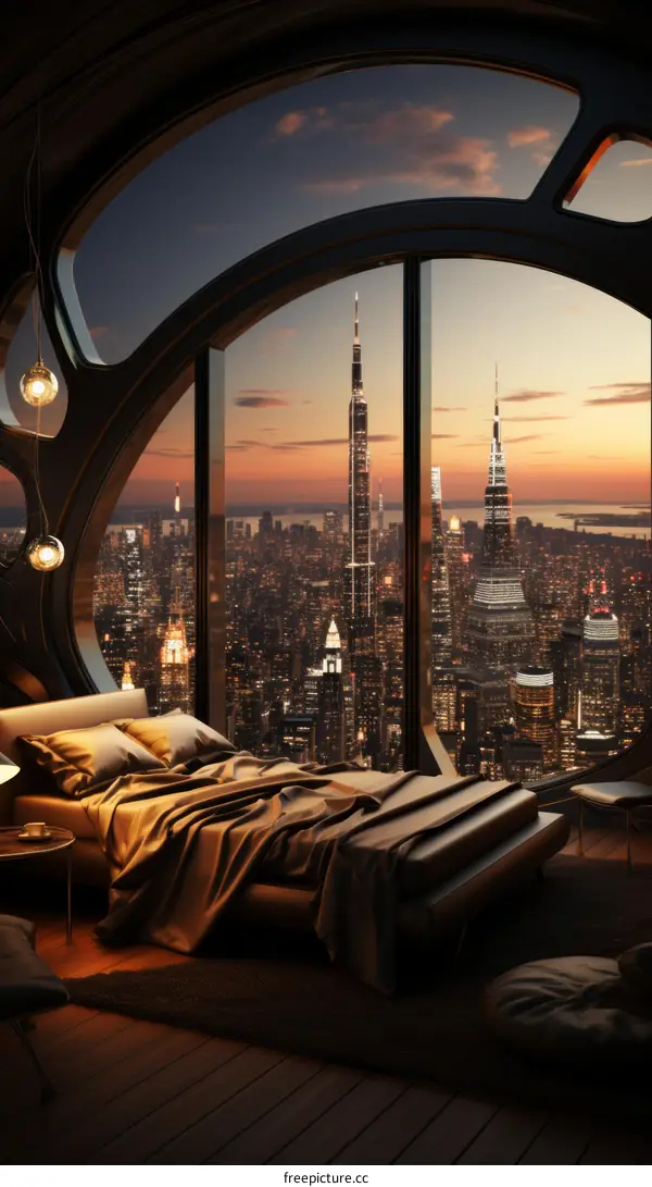 Futuristic Bedroom Overlooking City Skyline at Night