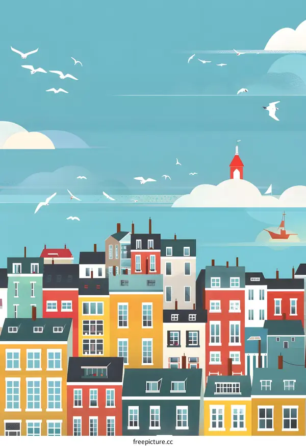 Colorful Cityscape with Seagulls and a Boat