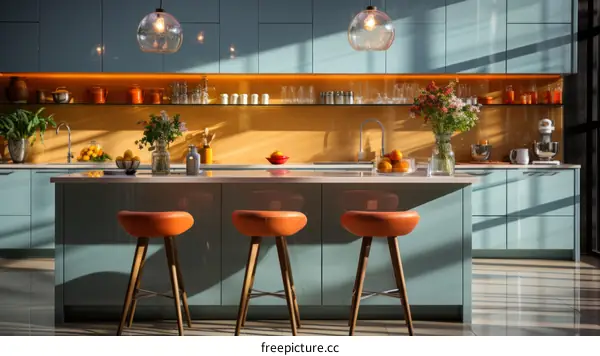 Blue and orange kitchen with large island and three stools