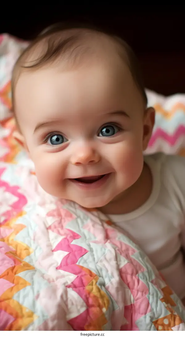 An adorable baby girl with blue eyes is smiling at the camera