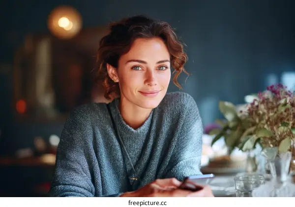 Smiling Woman Using Smartphone in Cafe