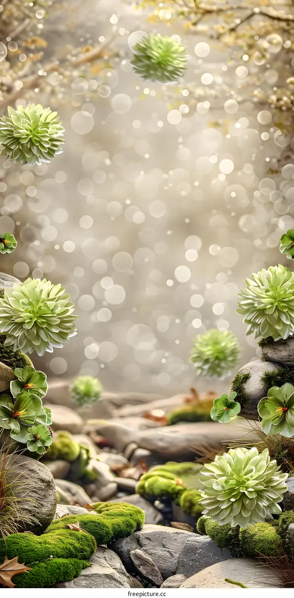 Green Flowers With Moss On Rocks And Blurred Background