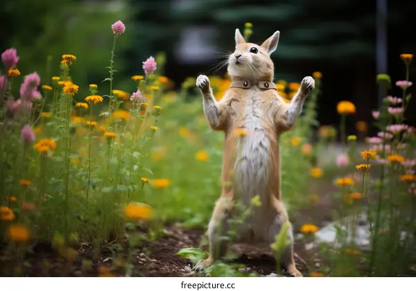 A cute rabbit standing on its hind legs in a field of flowers