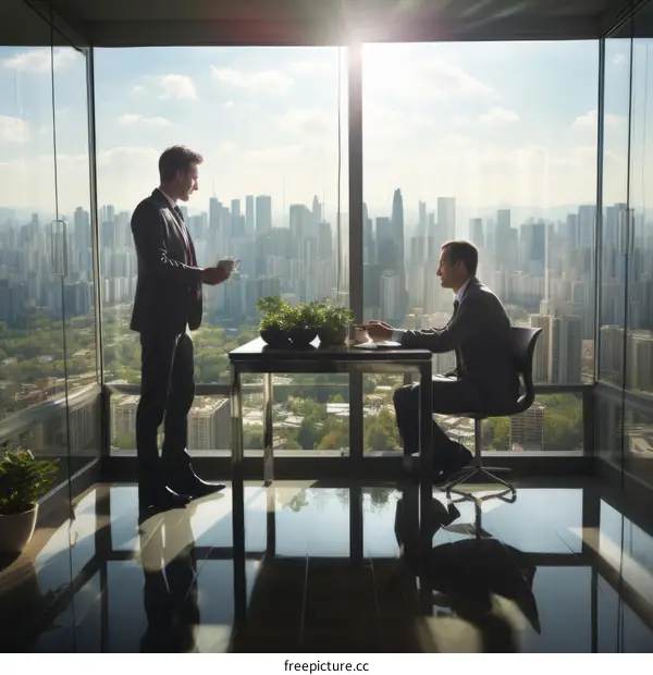 Two businessmen in suits talking in a modern office with a city view