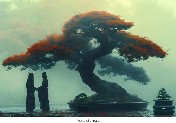Couple in Traditional Asian Clothing Beneath Bonsai Tree