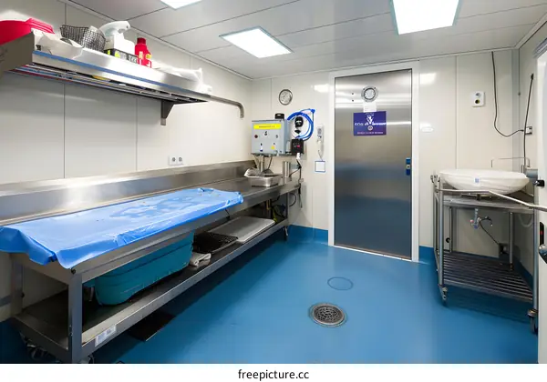 Stainless Steel Kitchen Sink and Countertop with Blue Floor