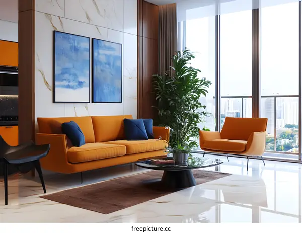 Modern Interior Design Living Room with Orange Sofa and Blue Paintings