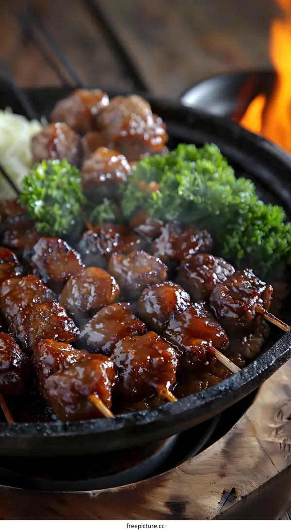 meat skewers on a hot plate