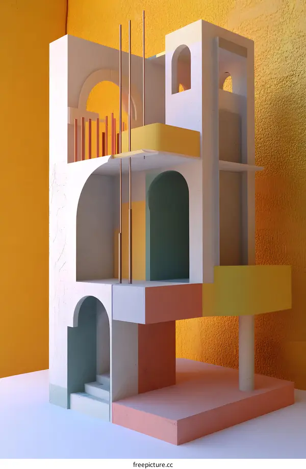 Abstract Geometric Architecture with Colorful Walls and Arches