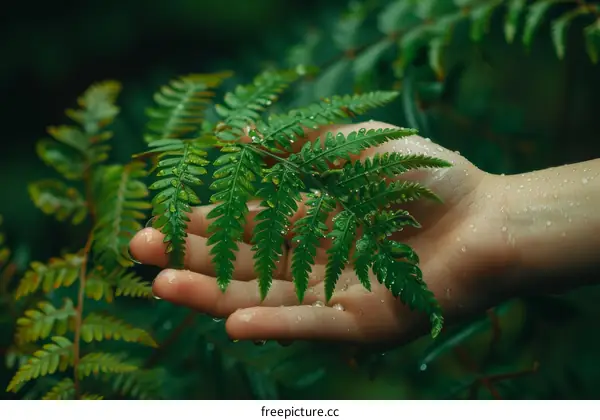 A hand holding a frond of a fern