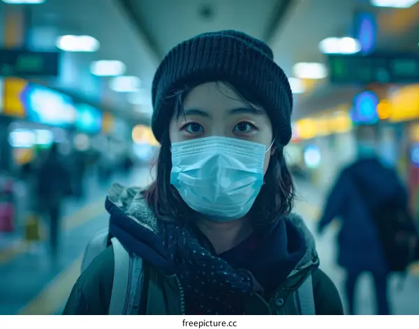 A young woman wearing a mask in a crowded train station.