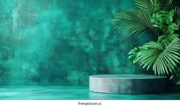 Teal Green Minimalist Display Podium with Tropical Plants