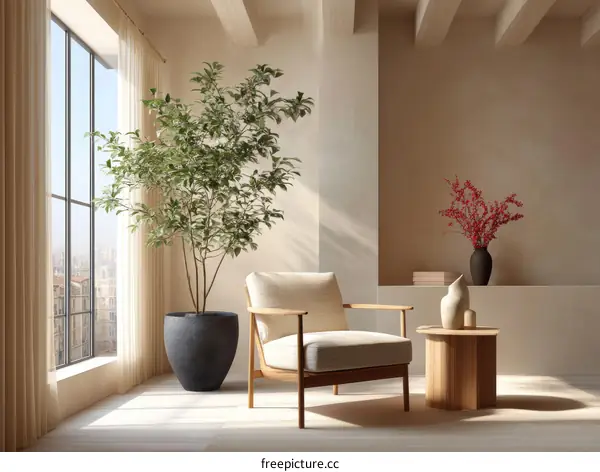 Modern Beige Living Room with Large Plant
