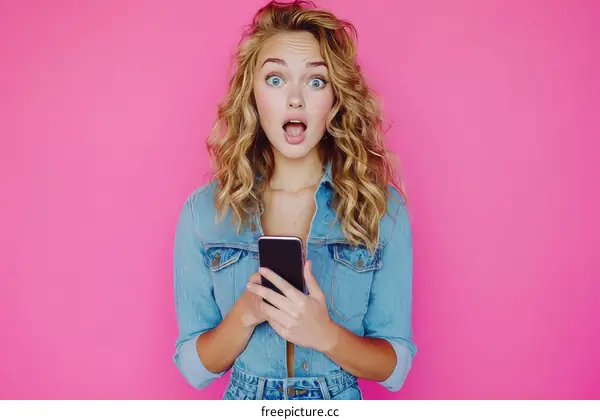 Surprised Woman Holding Smartphone Against Pink Background