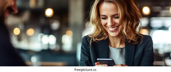 Smiling Woman Using Smartphone in Cafe