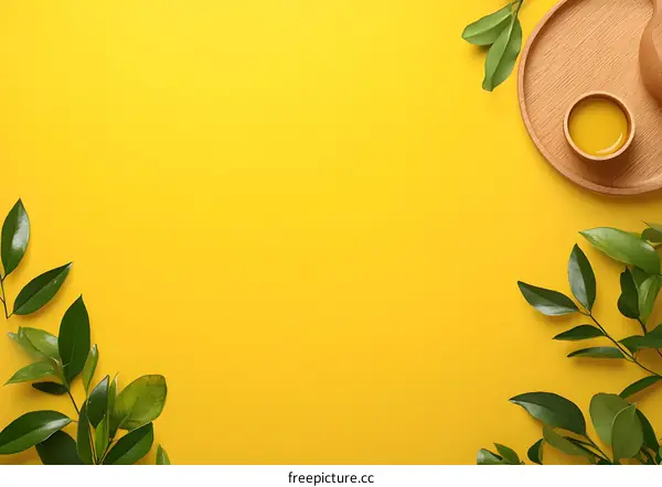 Green Leaves on Yellow Background with Wooden Tray and Oil